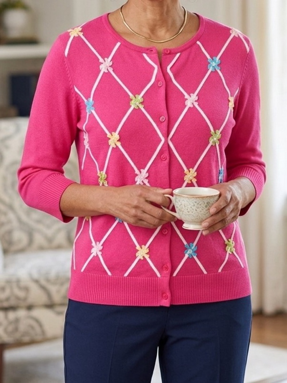 CJ Banks Pink Floral Diamond-Grid Button Cardigan Sweater